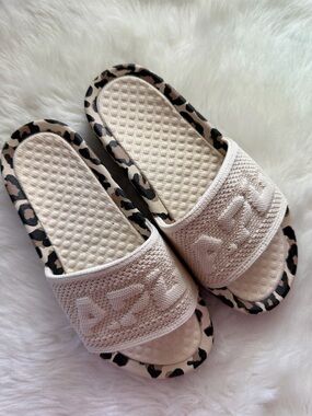 New! APL Slide Sandals in Light Beige with Leopard Trim